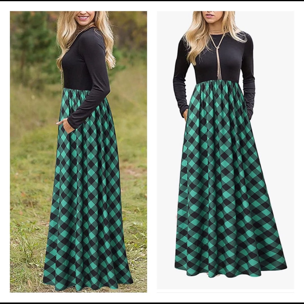 Plaid Long Sleeve Empire Waist Full Length Maxi Dress